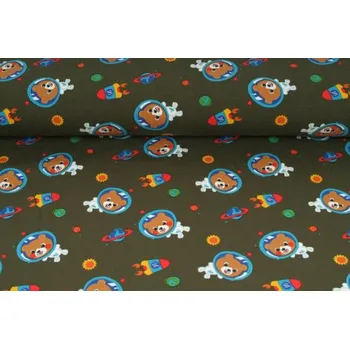 Galanterie Úplet jednolíc, méďa astronaut na olivovém podkladu, tričkovina, látky, metráž