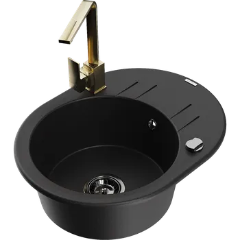 Granitový dřez Mexen Kevin granitový dřez jednodřez s odkapávačem a kuchyňskou baterií Rita, černý - 6517-77-670300-50-B Granitové dřezy s baterií