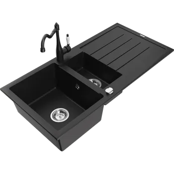 Granitový dřez Mexen Andres granitový dřez 1,5-komorový s odkapávačem a kuchyňskou baterií Carla, černý - 6515-77-670700-70 Granitové dřezy s baterií