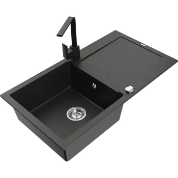 Granitový dřez Mexen Leo granitový dřez s 1 komorou, odkapávačem a kuchyňskou baterií Rita, černý/zlatý metalický - 6501-75-670300-70 Granitové dřezy s baterií