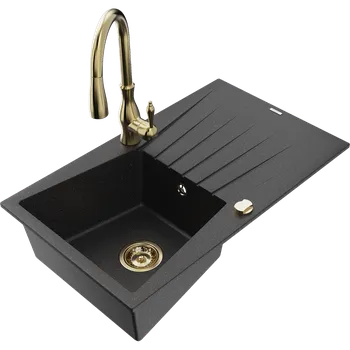 Granitový dřez Mexen Cesar granitový dřez s jednou komorou s odkapávačem a kuchyňskou baterií Savita, černý/stříbrný metalický Granitové dřezy s baterií