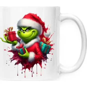 Hrnek malý bílý s potiskem Grinch s dárky se usmívá 2