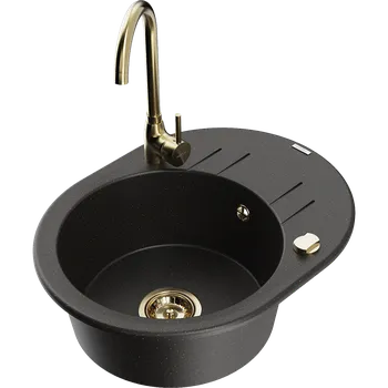 Granitový dřez Mexen Kevin granitový dřez s 1 komorou a odkapem a kuchyňskou baterií Telma, černý/zlatý metalik - 6517-75-670200-50 Granitové dřezy s baterií