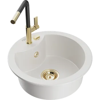 Granitový dřez Mexen Diego granitový dřez 1-komorový s kuchyňskou baterií Flora, bílý - 6512-20-670401-57-G Granitové dřezy s baterií