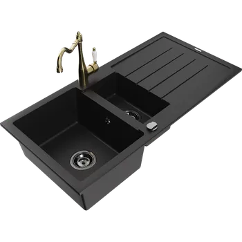Granitový dřez Mexen Andres granitový dřez 1,5-komorový s odkapávačem a kuchyňskou baterií Carla, černý - 6515-77-670700-50-B Granitové dřezy s baterií