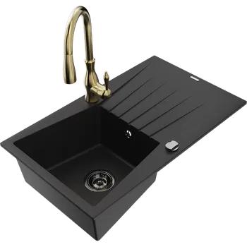 Granitový dřez Mexen Cesar granitový dřez 1-komorový s odkapávačem a kuchyňskou baterií Savita, černý - 6514-77-672601-50-B Granitové dřezy s baterií