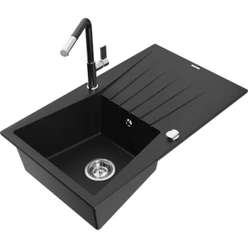 Granitový dřez Mexen Cesar granitový dřez s 1 komorou, odkapávačem a kuchyňskou baterií Flora, černý - 6514-77-670401-07 Granitové dřezy s baterií