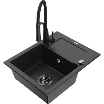 Granitový dřez Mexen Enzo granitový dřez s 1 komorou a odkapávačem a kuchyňskou baterií Aster, černý/stříbrný metalik - 6506-73-73450-70-B Granitové dřezy s baterií