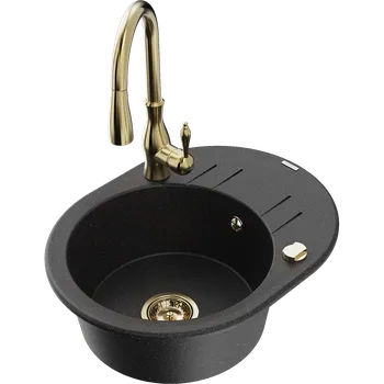 Granitový dřez Mexen Kevin granitový dřez s odkapávačem a kuchyňskou baterií Savita, černý/stříbrný metalický - 6517-73-672601-50 Granitové dřezy s baterií