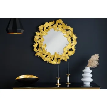 Zrcadlo Glamour kulaté nástěnné zrcadlo Ginko ve zlatém provedení s ozdobným kovovým rámem z listů jinanu 70cm