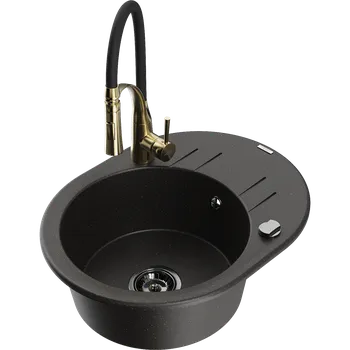 Granitový dřez Mexen Kevin granitový dřez 1-komorový s odkapávačem a kuchyňskou baterií Aster, černá/zlatý metalik - 6517-75-73450-57-B Granitové dřezy s baterií