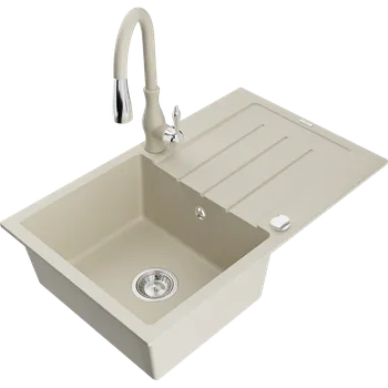 Granitový dřez Mexen Bruno granitový dřez s 1 komorou a odkapávačem a kuchyňskou baterií Savita, béžový - 6513-69-672601-69 Granitové dřezy s baterií