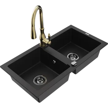 Granitový dřez Mexen Mario granitový dřez dvoukomorový s kuchyňskou baterií Savita, černý - 6504-77-672601-50-B Granitové dřezy s baterií