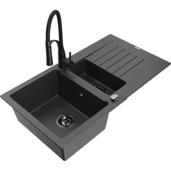 Granitový dřez Mexen Matias granitový dřez 1,5-komorový s odkapávačem a kuchyňskou baterií Aster, černý kropenatý - 6502-76-73450-70-B Granitové dřezy s baterií