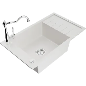 Granitový dřez Mexen Elias granitový dřez 1-komorový s odkapávačem a kuchyňskou baterií Carla, bílý - 6511-20-670700-00 Granitové dřezy s baterií