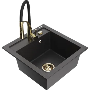 Granitový dřez Mexen Vito granitový dřez 1-komorový s kuchyňskou baterií Aster, černý skvrnitý - 6503-76-73450-57-G Granitové dřezy s baterií