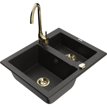 Granitový dřez Mexen Carlos granitový dřez 1,5-komorový s kuchyňskou baterií Telma, černý/zlatý metalik - 6518-75-670200-50 Granitové dřezy s baterií