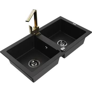 Granitový dřez Mexen Mario granitový dřez 2-komorový s kuchyňskou baterií Rita, černý - 6504-77-670300-50-B Granitové dřezy s baterií