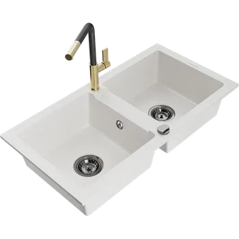 Granitový dřez Mexen Mario granitový dřez 2-komorový s kuchyňskou baterií Flora, bílý - 6504-20-670401-57-B Granitové dřezy s baterií