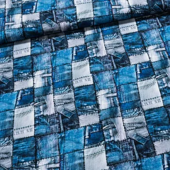 Bavlněný úplet TEPLÁKOVINA DIGÁLNÍ TISK 6-24923, modré riflové záplaty, š.142cm (látka v metráži)