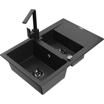 Granitový dřez Mexen Gaspar granitový dřez 1,5-komorový s odkapávačem a kuchyňskou baterií Rita, černý/stříbrný - 6507-73-670300-70-B Granitové dřezy s baterií