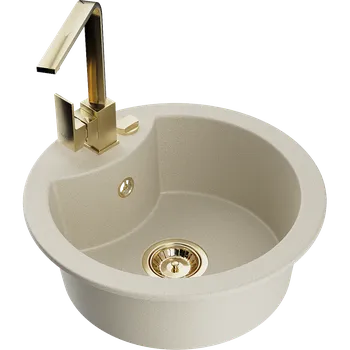 Granitový dřez Mexen Diego žulový dřez 1-komorový s kuchyňskou baterií Rita, béžový - 6512-69-670300-50 Granitové dřezy s baterií