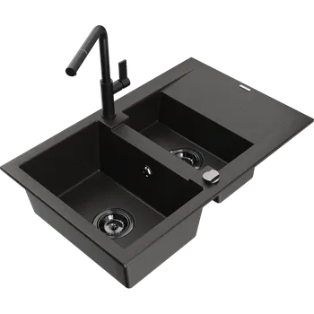 Granitový dřez Mexen Gaspar granitový dřez 1,5 komorový s odkapávačem a kuchyňskou baterií Flora, černý/zlatý - 6507-75-670401-70-B Granitové dřezy s baterií