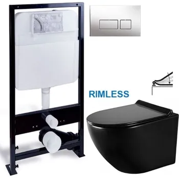 Klozet PRIM předstěnový instalační systém s chromovým tlačítkem 20/0041 + WC MEXEN LENA ČERNÁ Rimless + SEDÁTKO PRIM_20/0026 41 ME01