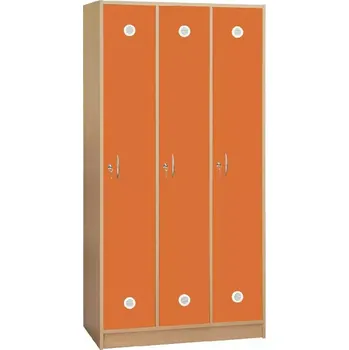 Šatní skříň STL - 180 - 90 šatní skříň dřevěná, 3-dveřová, šatní tyč, 1800x900x500, sokl, korpus buk royal/dveře pomeranč