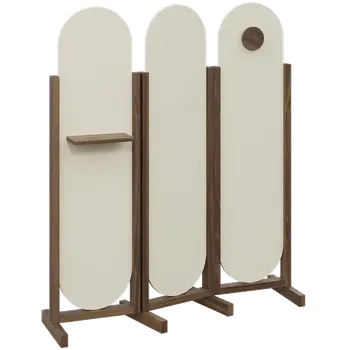 Paraván ATMOSFERE ROUND 416, dřevěný 3-dílný paraván, mobilní, výška 1600 mm, rám ořech královský, výplň smetanová, polička, věšák