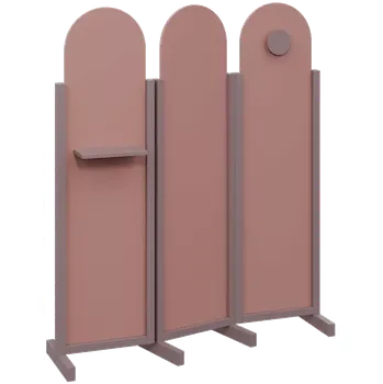 Paraván ATMOSFERE ROUND 216, dřevěný 3-dílný paraván, mobilní, výška 1600 mm, rám sandy lilac, výplň antická růžová, polička, věšák