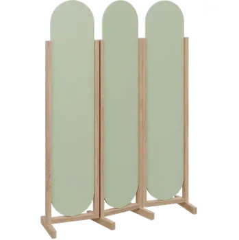 Paraván ATMOSFERE ROUND 319, dřevěný 3-dílný paraván, mobilní, výška 1900 mm, rám dub bardolino, výplň šedo-zelinkavá