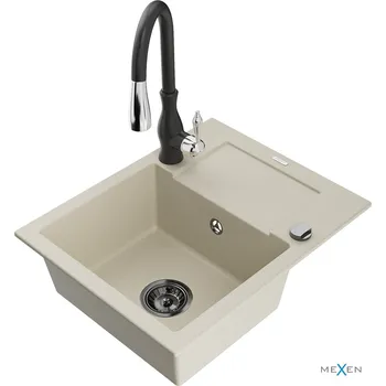 Granitový dřez MEXEN/S - Enzo granitový dřez 1 s odkapávačem včetně baterie Savita, béžová 6506-69-672601-70