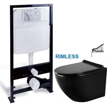 PRIM předstěnový instalační systém bez tlačítka + WC MEXEN LENA ČERNÁ Rimless + SEDÁTKO PRIM_20/0026 X ME01