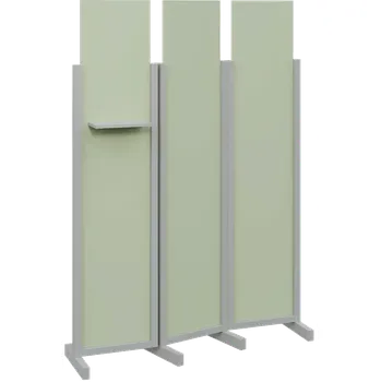 Paraván ATMOSFERE LINE 319, dřevěný 3-dílný paraván, mobilní, výška 1900 mm, rám šedá, výplň šedo-zelinkavá, polička