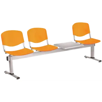 Zahradní lavice VINCENZA - 4 S, plastová lavice do čekárny, 3-sedák, stolek, meruňková, kostra stříbrná