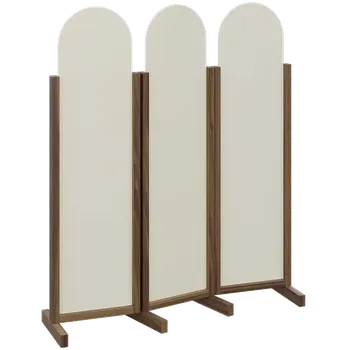 Paraván ATMOSFERE ROUND 116, dřevěný 3-dílný paraván, mobilní, výška 1600 mm, rám ořech královský, výplň smetanová