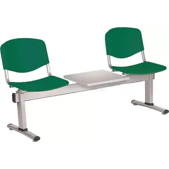 Zahradní lavice VINCENZA - 3 S, plastová lavice do čekárny, 2-sedák, stolek, zelená, kostra stříbrná