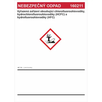 Značení Nebezpečný odpad 160211 Vyřazená zařízení obsahující ... samolepící vinylová fólie A7 (105 x 74 mm)