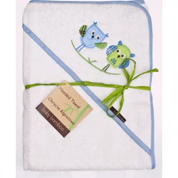 Bambusová osuška s kapucí 100x100 cm sovy bílá/modrý lem