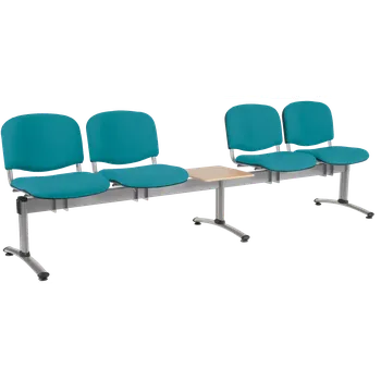 CL - 25 + D, čalouněná lavice do čekárny, 4-sedák, stolek, koženka AN - 078 tyrkysová, kostra stříbrná