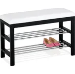 Botník / taburet, 2 police, potah bílá ekokůže, masiv kaučukovník, černý lak