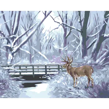 ZUTY Malování podle čísel - JELEN, ŘEKA A MOST V ZIMĚ (D. RUSTY RUST) Rozměr: 40x50 cm, Rámování: vypnuté plátno na rám