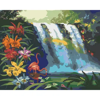 ZUTY Malování podle čísel - PLAMEŇÁK U VODOPÁDU (D. RUSTY RUST) Rozměr: 40x50 cm, Rámování: bez rámu a bez vypnutí plátna