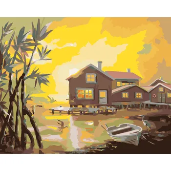 ZUTY Malování podle čísel - DOMY S MOLEM U JEZERA, VOLAVKA A RACCI A ZÁPAD SLUNCE (D. RUSTY RUST) Rozměr: 40x50 cm, Rámování: vypnuté plátno na rám