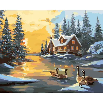 ZUTY Malování podle čísel - KACHNY NA ŘECE U ZASNĚŽENÉHO DOMU (D. RUSTY RUST) Rozměr: 40x50 cm, Rámování: bez rámu a bez vypnutí plátna