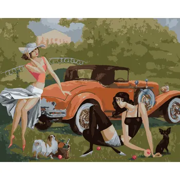 ZUTY Malování podle čísel - DÁMY SE PSY U AUTA Rozměr: 40x50 cm, Rámování: bez rámu a bez vypnutí plátna