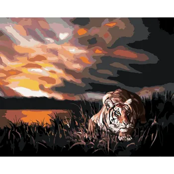 ZUTY Malování podle čísel - ČÍHAJÍCÍ TYGR A ZÁPAD SLUNCE (D. RUSTY RUST) Rozměr: 80x100 cm, Rámování: bez rámu a bez vypnutí plátna