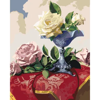 ZUTY Malování podle čísel - ZÁTIŠÍ BÍLÉ A RŮŽOVÉ RŮŽE NA ČERVENÉM UBRUSU (PIETER WAGEMANS) Rozměr: 40x50 cm, Rámování: bez rámu a bez vypnutí plátna