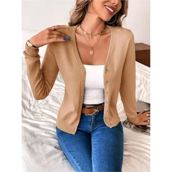 Dámský svetr Kašmírový dámský svetřík na knoflíčky Barva: Khaki, Velikost: L